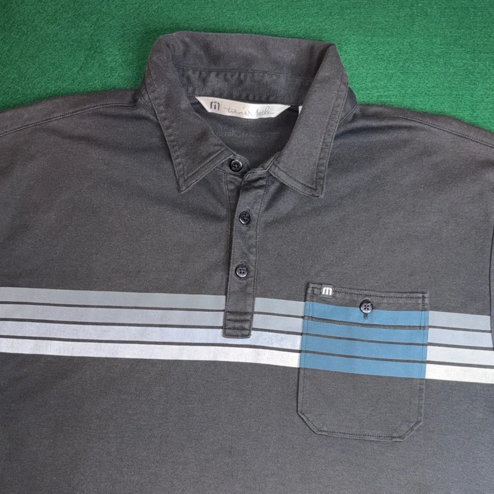 Travis Mathew Black Polo with Blue and Gray Stripes